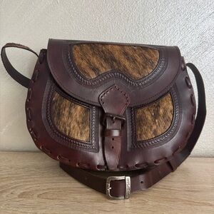 Vintage Hair on Hide Handmade Tooled Leather Purse Crossbody Bag